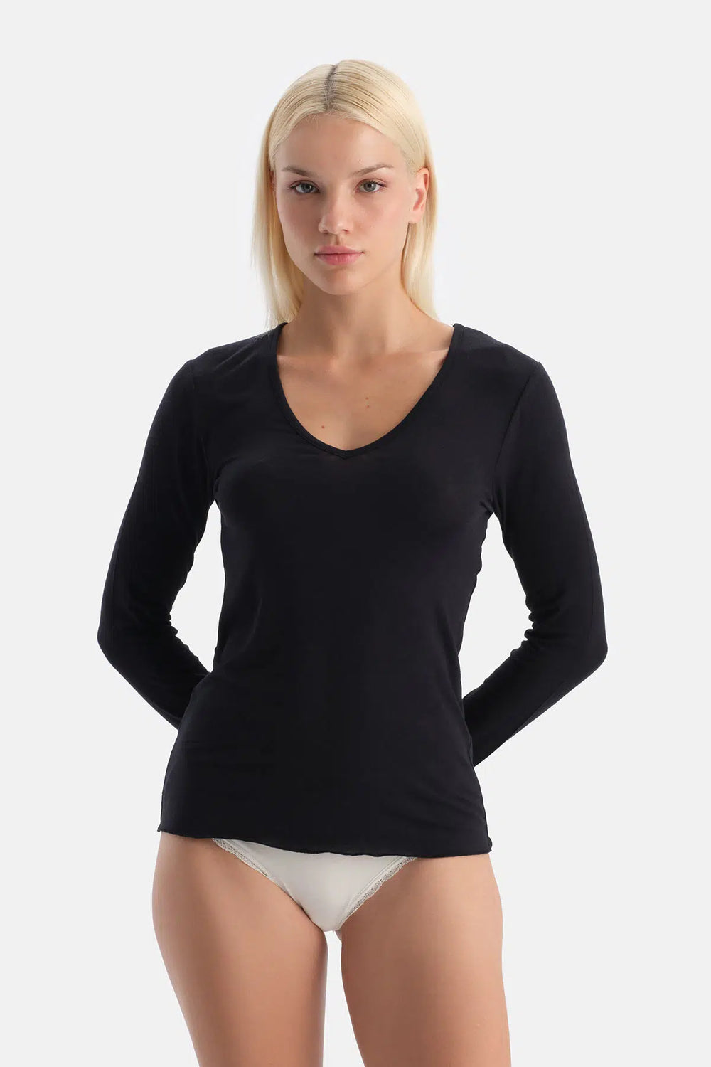 Siyah Modal Kaşmir V Yaka Uzun Kollu Üst