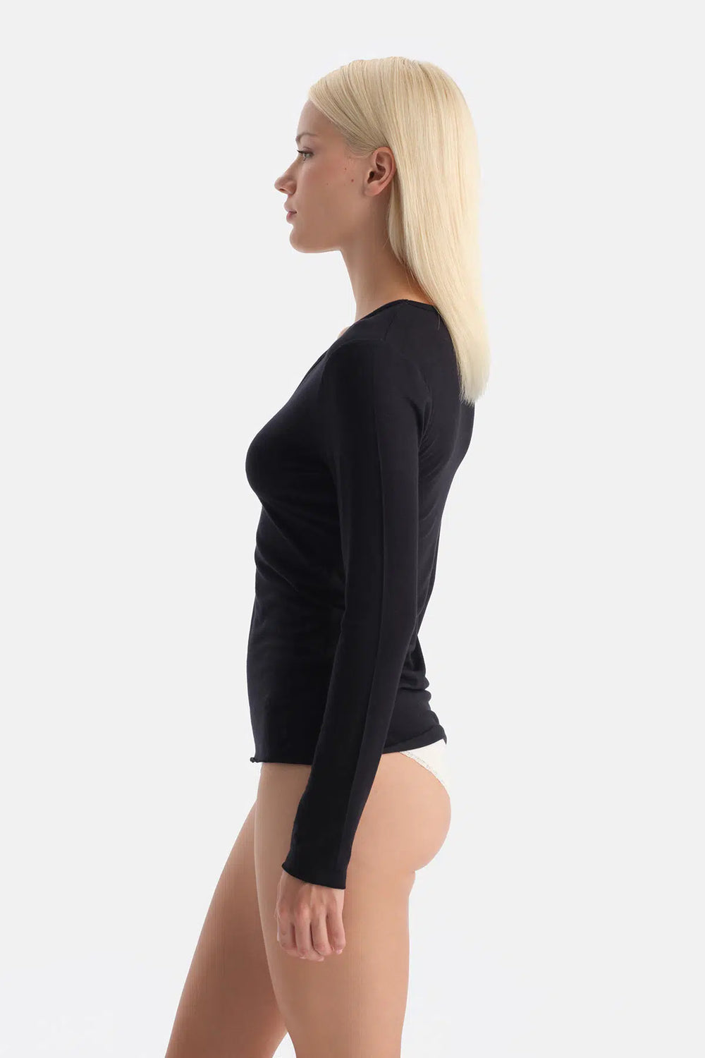 Siyah Modal Kaşmir V Yaka Uzun Kollu Üst