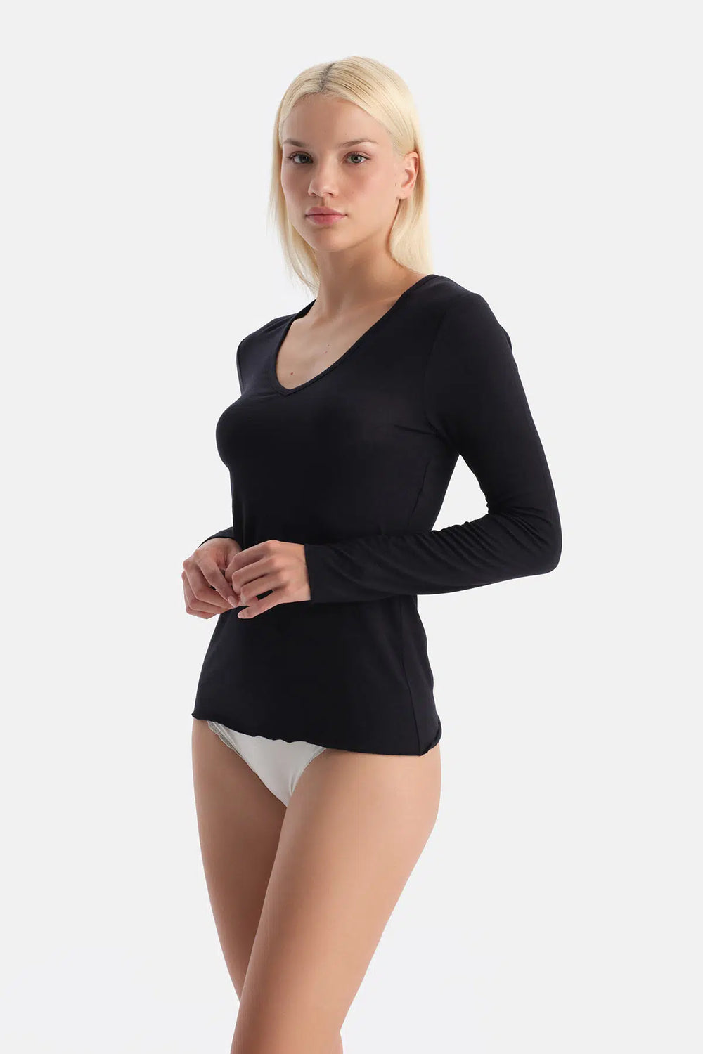 Siyah Modal Kaşmir V Yaka Uzun Kollu Üst