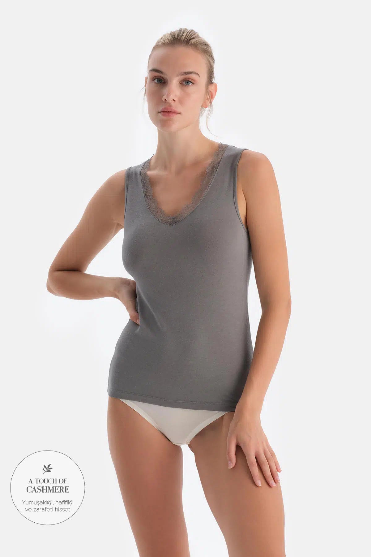 Koyu Gri Modal Kaşmir Dantel Detaylı V Yaka Kolsuz Bluz