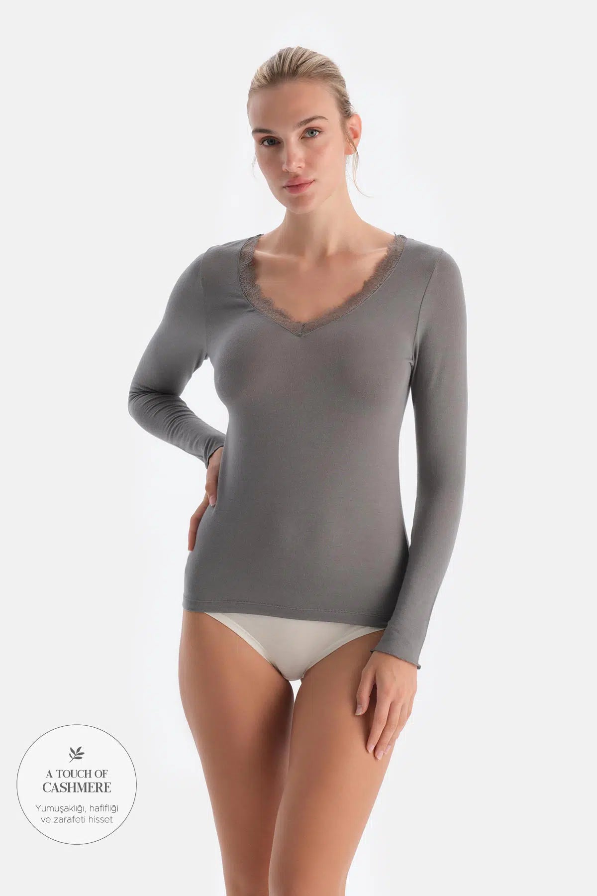 Koyu Gri Modal Kaşmir Dantel Detaylı V Yaka Uzun Kollu Bluz