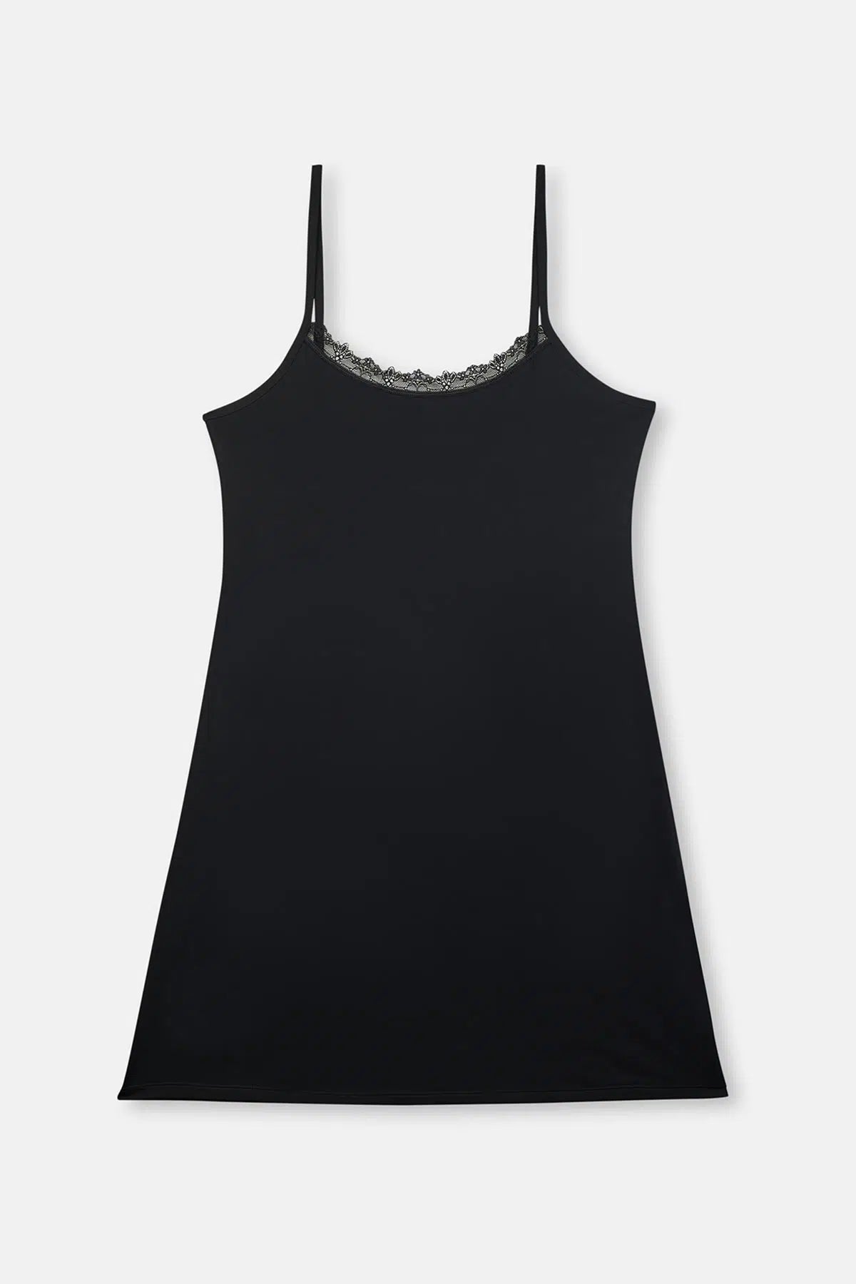 Siyah Ince Askılı Dantelli Jupon Elbise