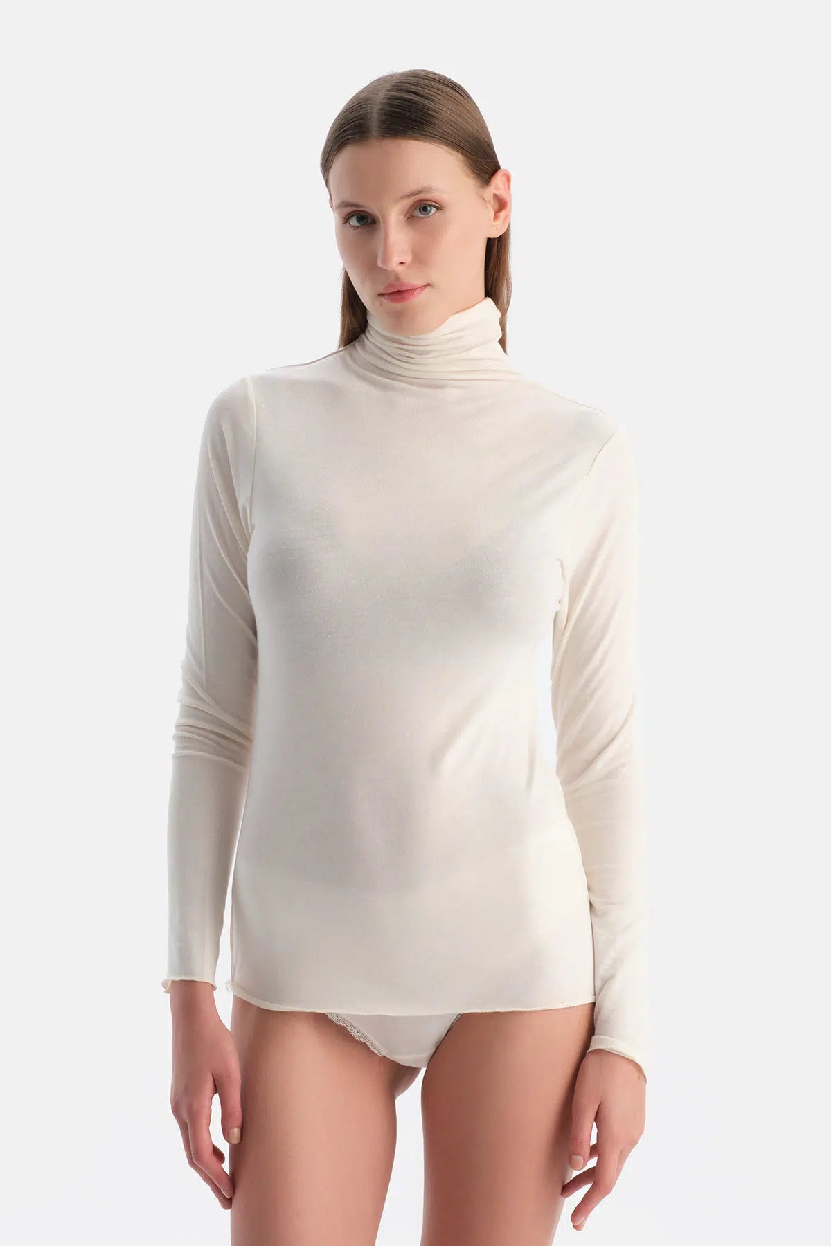 Ekru Modal Kaşmir Boğazlı Uzun Kollu Üst