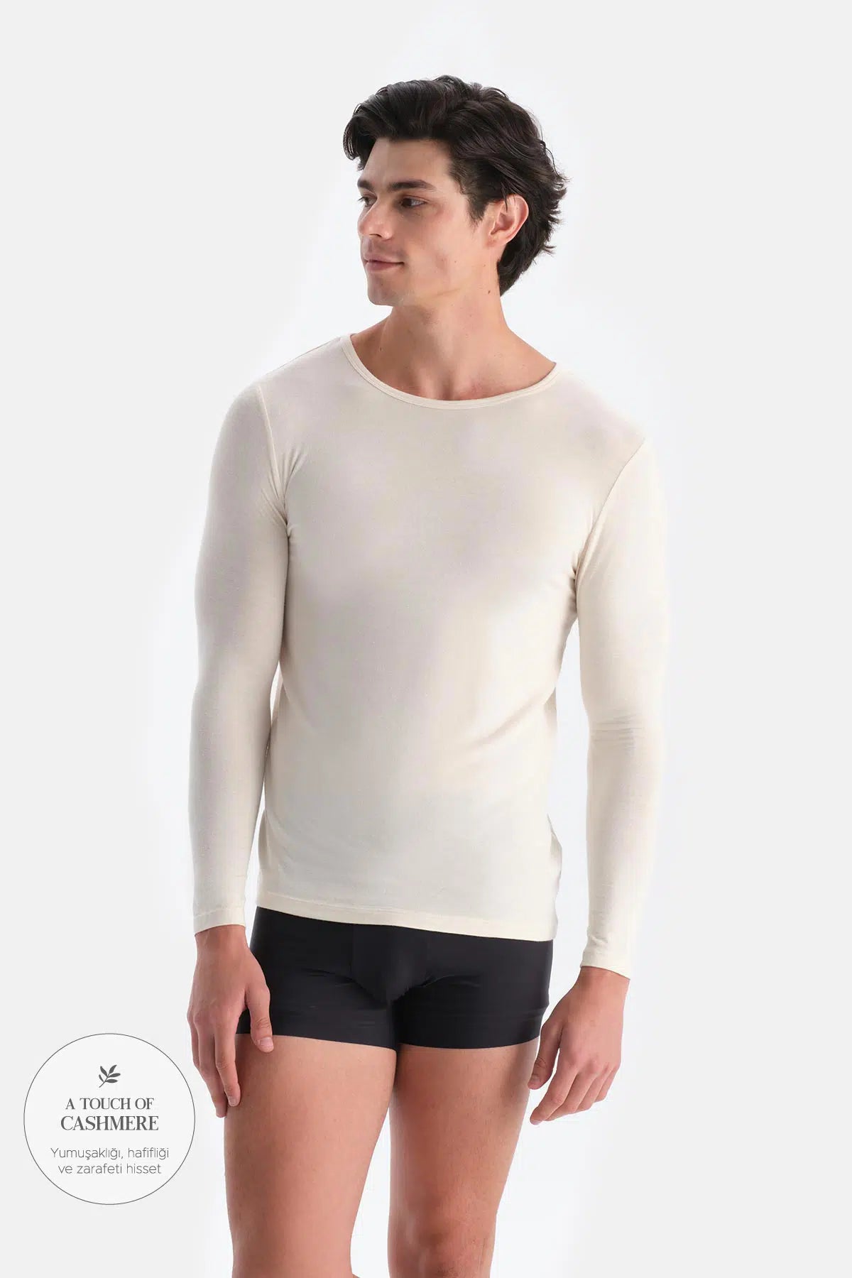 Ekru Modal Kaşmir Bisiklet Yaka Uzun Kollu Üst