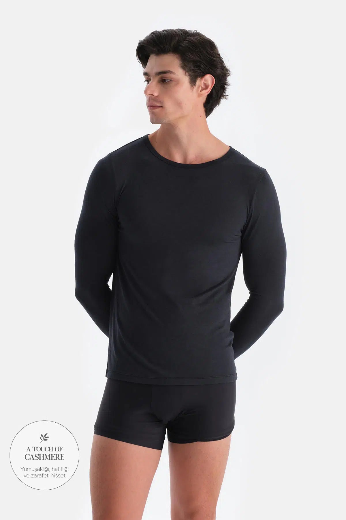 Siyah Modal Kaşmir Bisiklet Yaka Uzun Kollu Üst