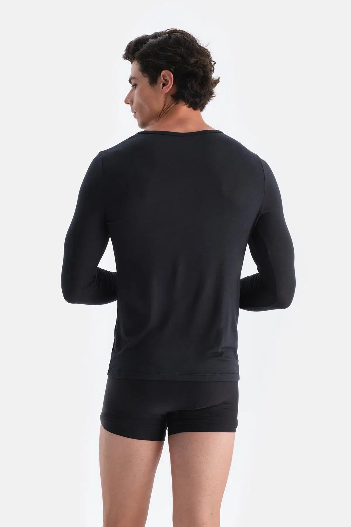 Siyah Modal Kaşmir Bisiklet Yaka Uzun Kollu Üst