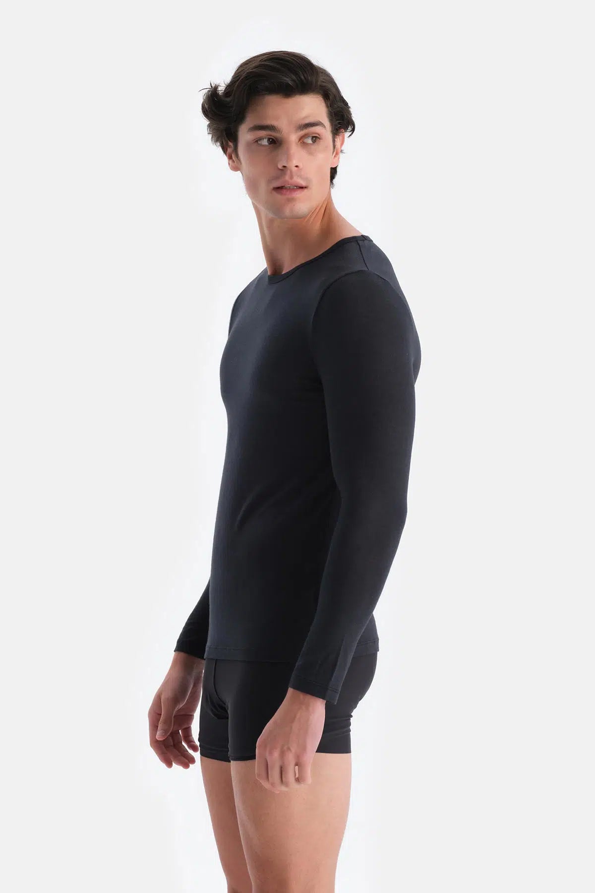 Siyah Modal Kaşmir Bisiklet Yaka Uzun Kollu Üst