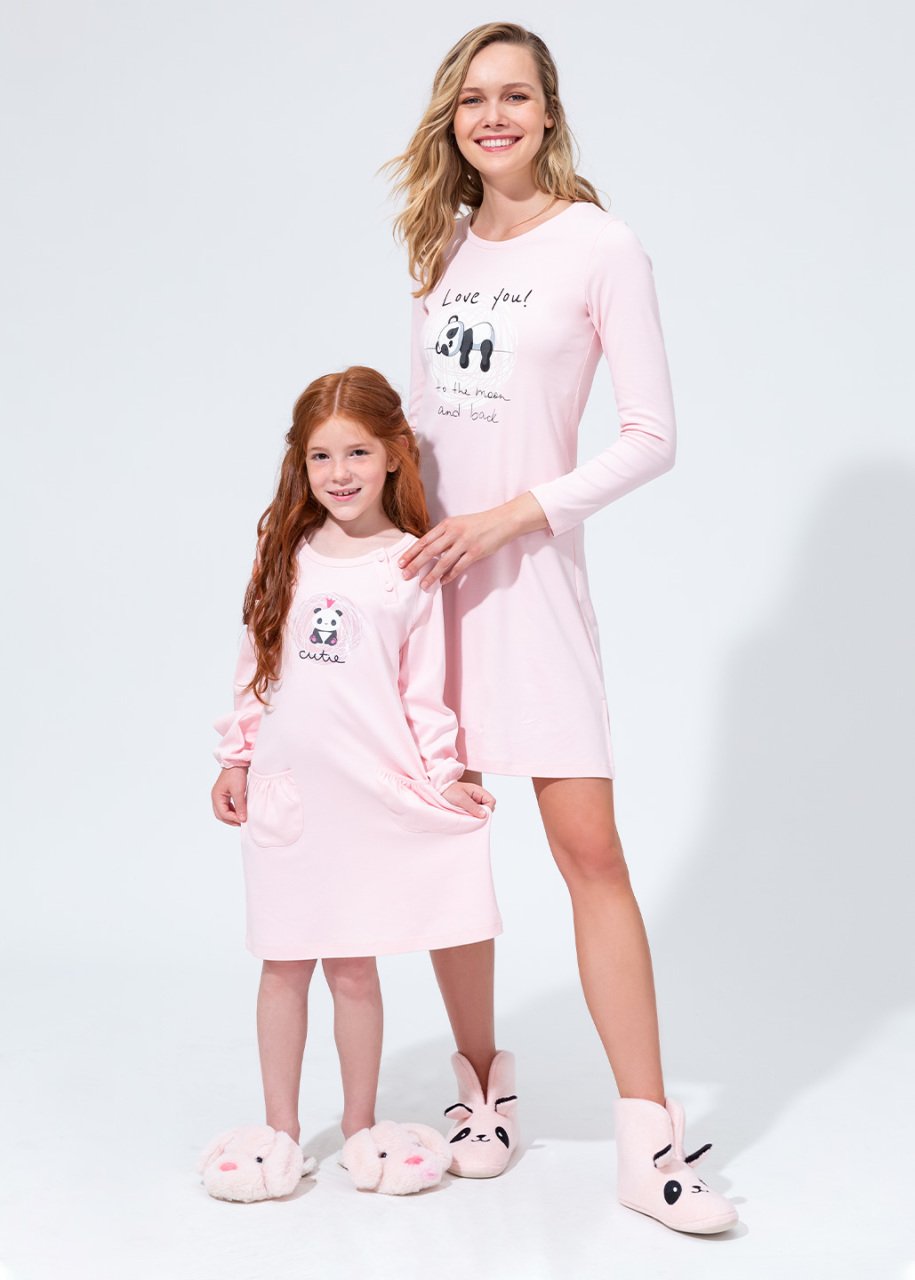 Pudra Penye Panda Baskılı Uzun Kol Kız Çocuk Gecelik