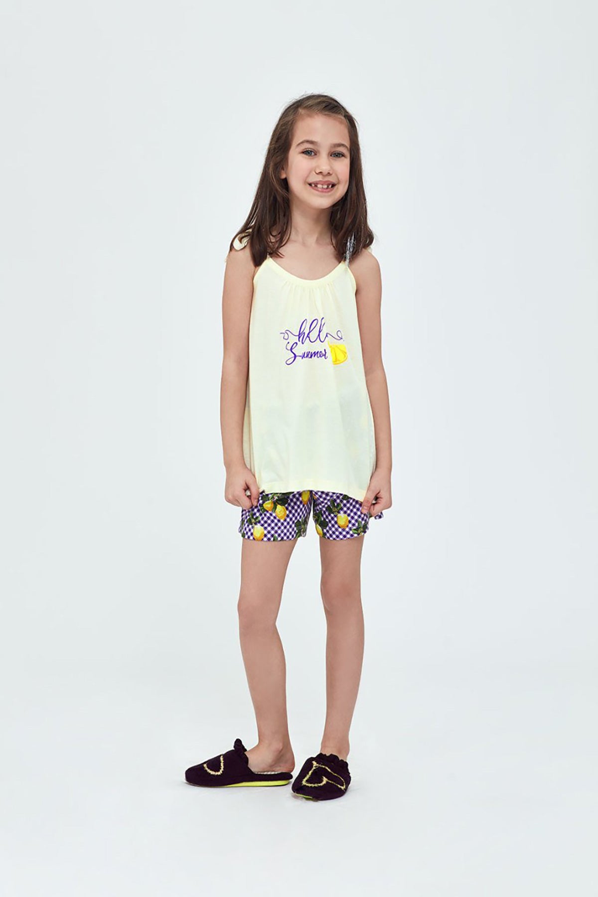 Sarı Modal Limon Empirme Askılı Kız Çocuk Şort Takımı