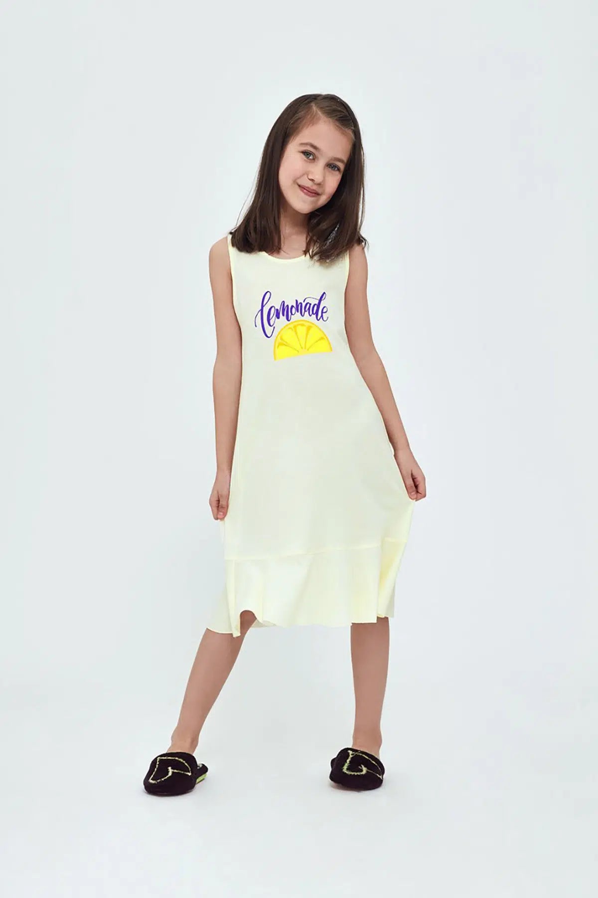 Sarı Kız Çocuk Modal Limon Baskılı Empirime Kolsuz Gecelik