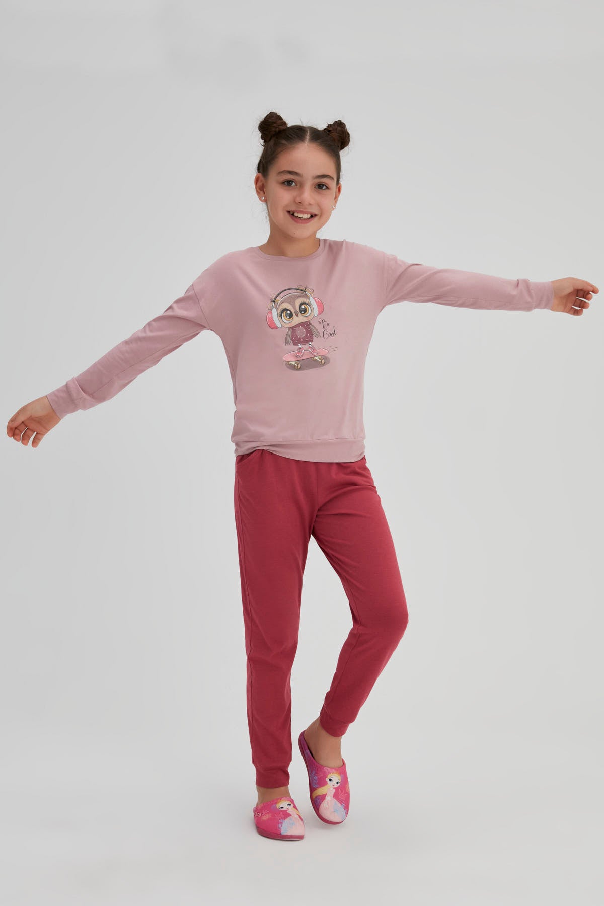 Somon Kız Çocuk Pamuk Baykuş Baskılı O Yaka Pijama Takımı