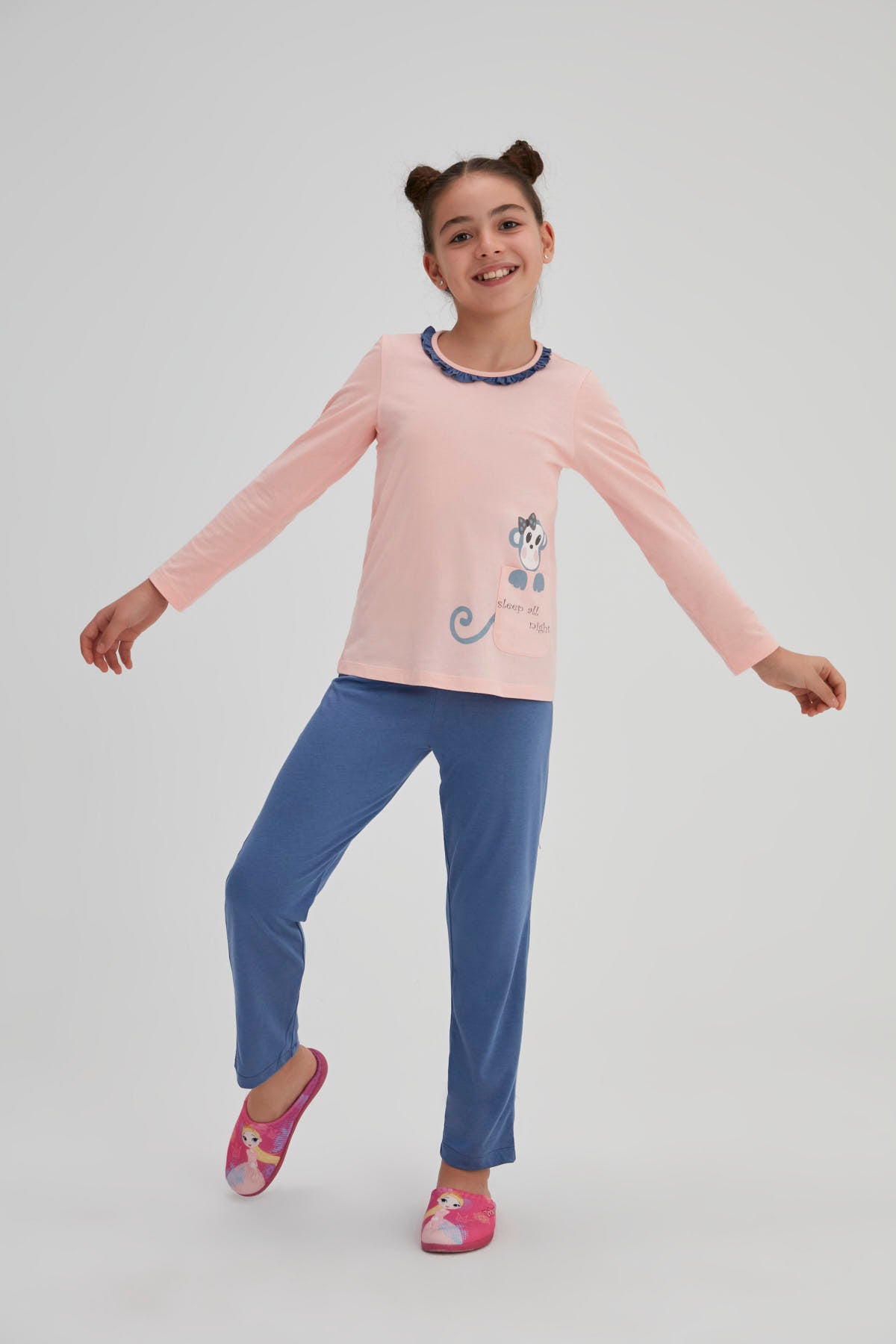 Somon Kız Çocuk Pamuk Maymun Baskılı O Yaka Pijama Takımı