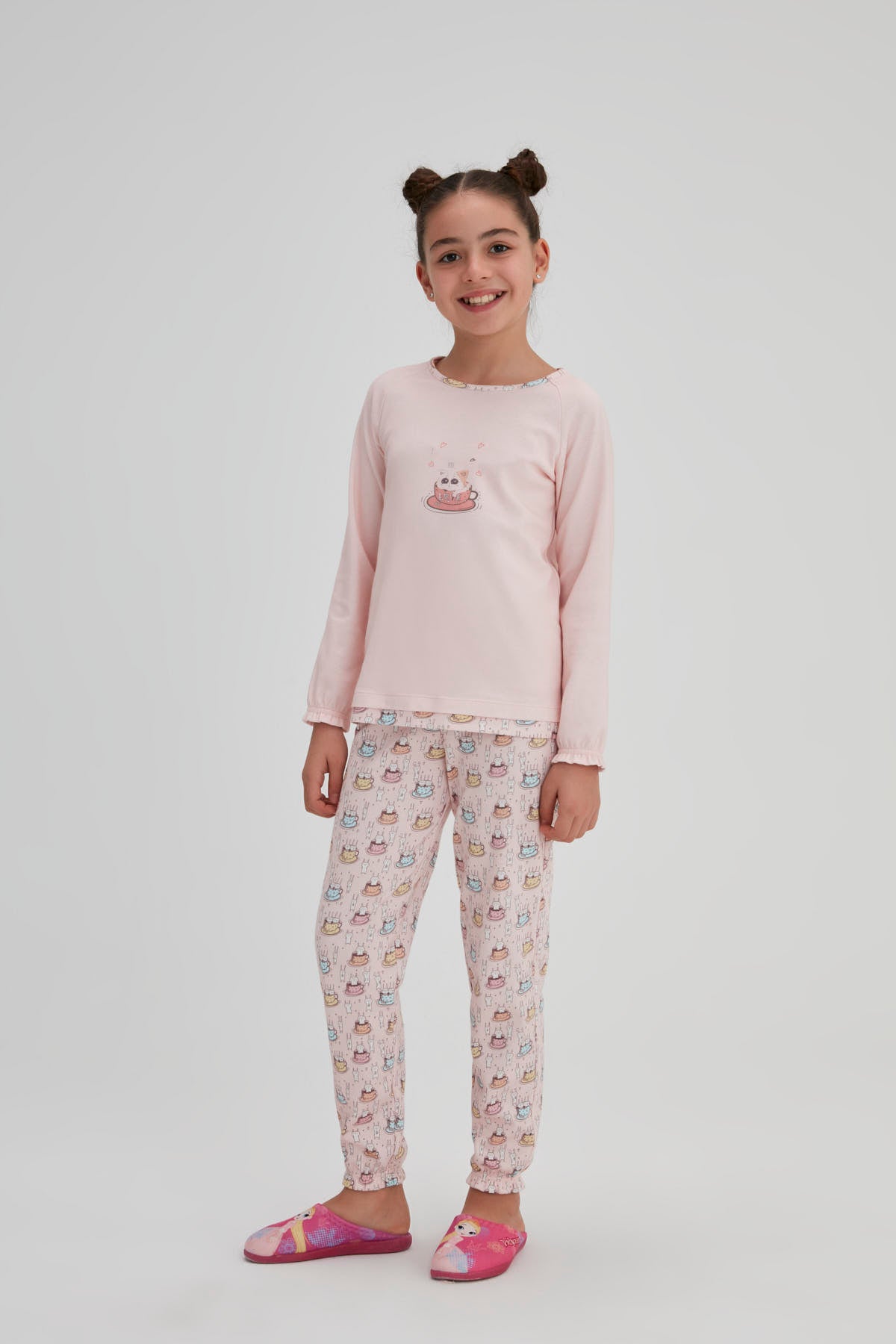 Pembe Kız Çocuk Interlok Tavşan Baskılı O Yaka Pijama Takımı