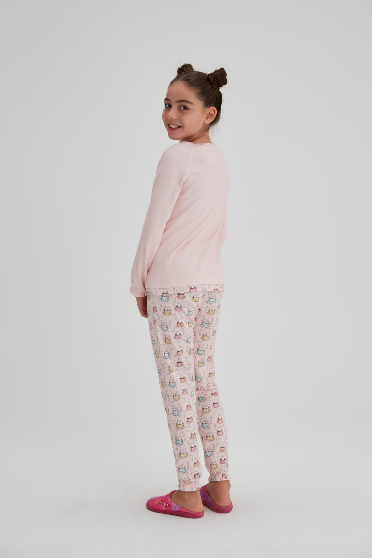 Pembe Kız Çocuk Interlok Tavşan Baskılı O Yaka Pijama Takımı