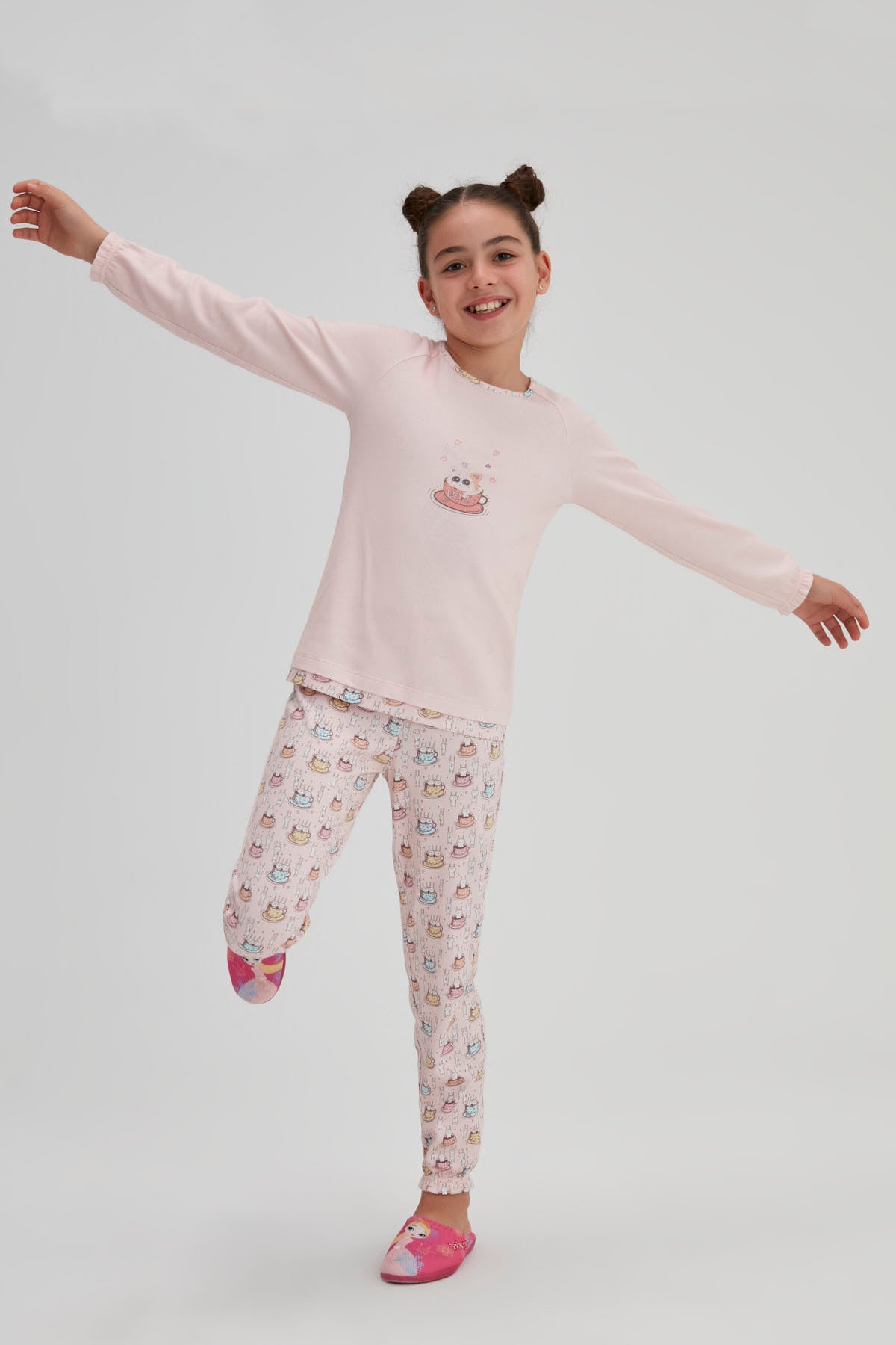 Pembe Kız Çocuk Interlok Tavşan Baskılı O Yaka Pijama Takımı