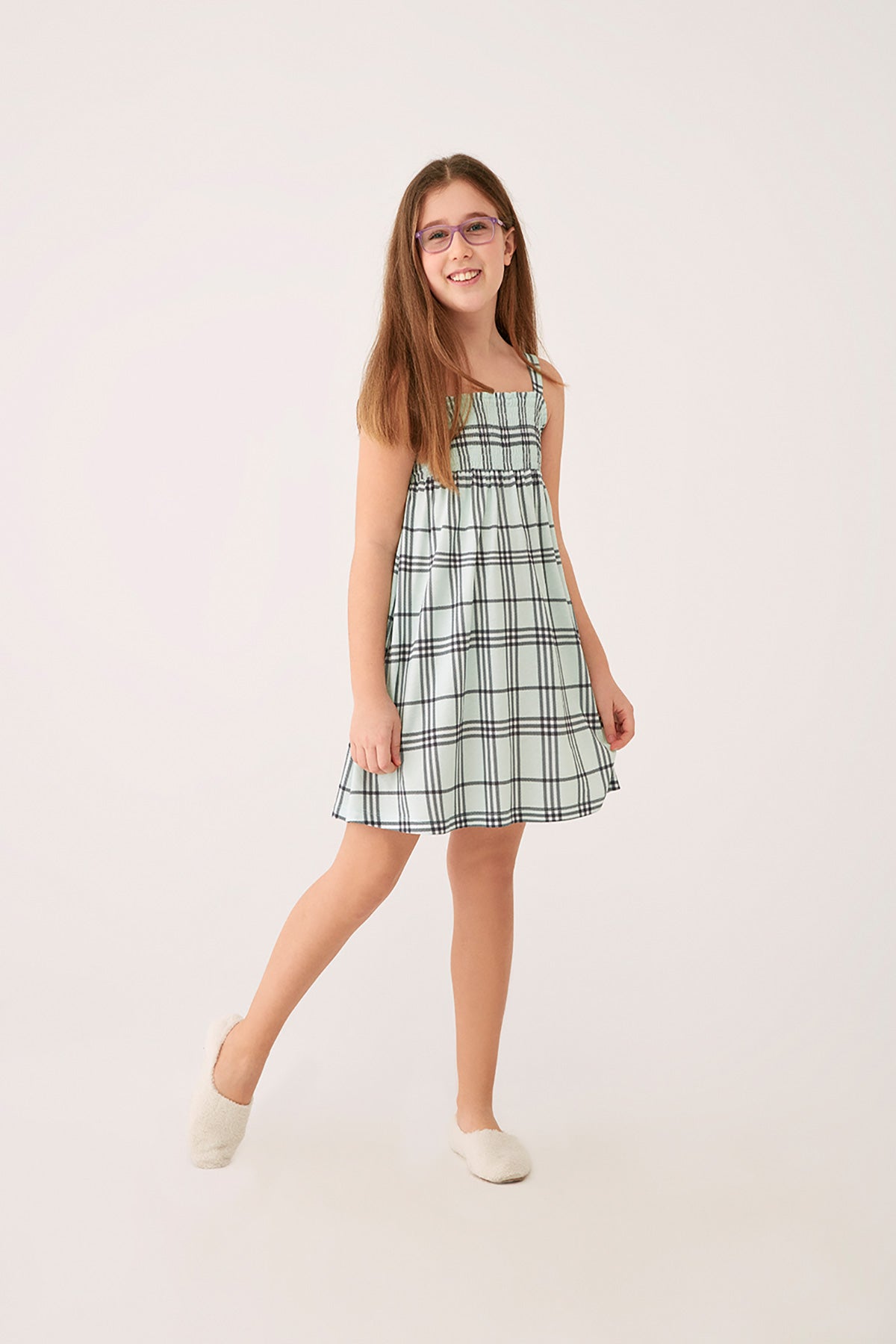 Yeşil Kız Çocuk Kare Yaka Ekoseli Modal Kumaş Askılı Gecelik