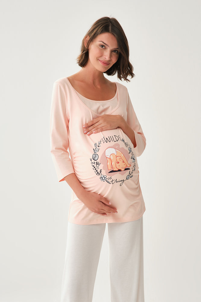 Pembe Kayık Yaka Uzun Kol Hamile Pamuk T-Shirt