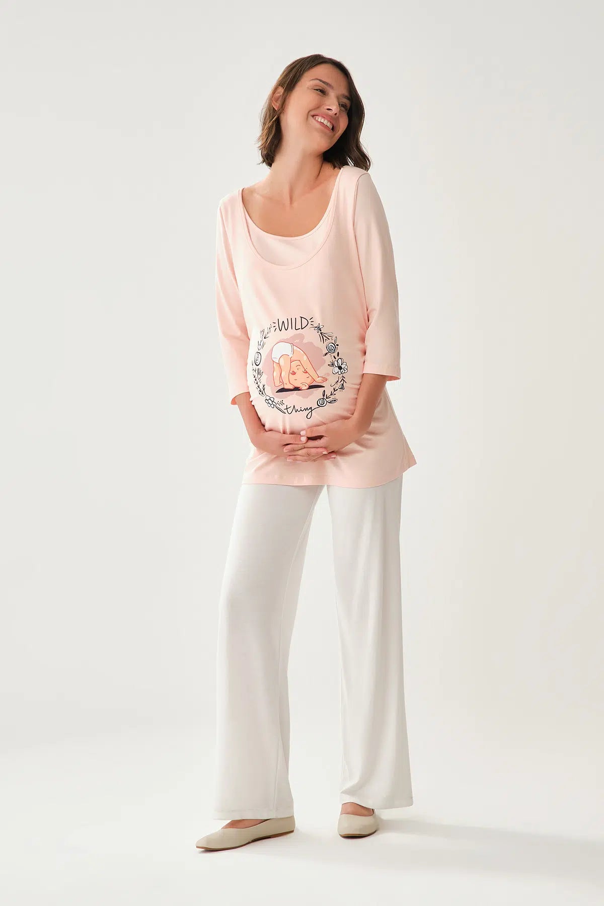 Pembe Kayık Yaka Uzun Kol Hamile Pamuk T-Shirt