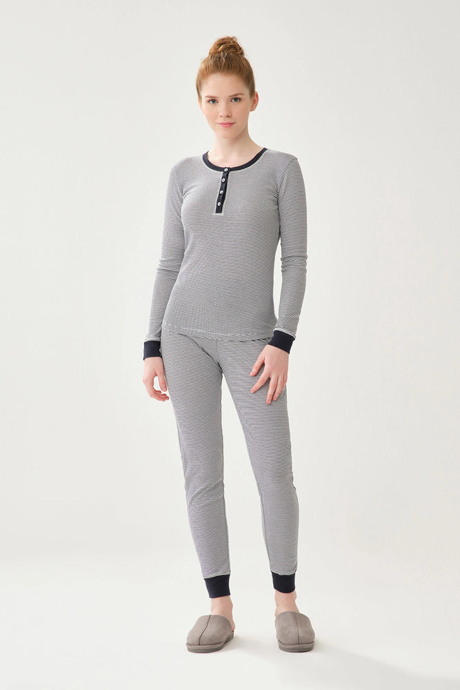 Lacivert Çizgi Desenli Pamuklu Pijama Altı