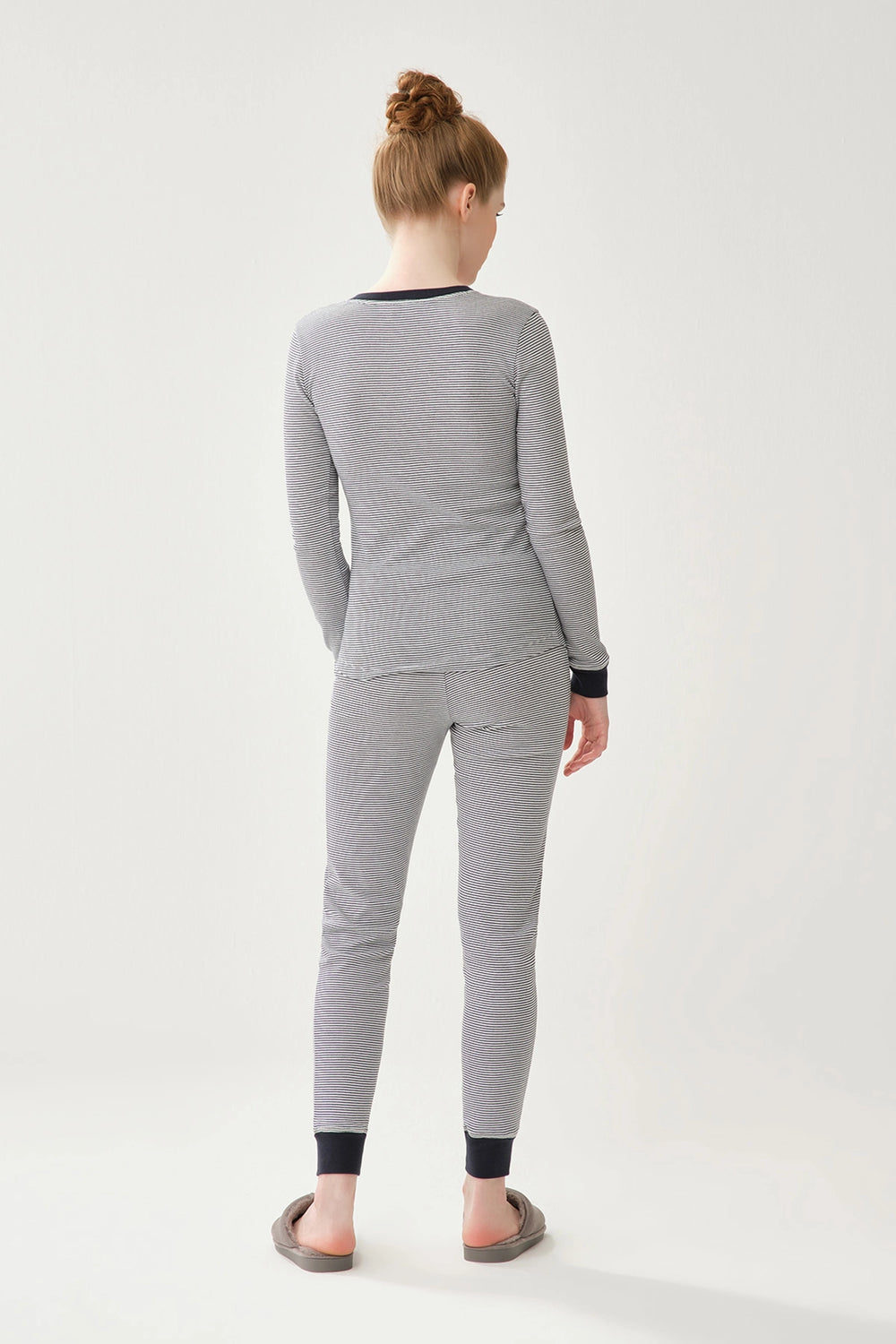 Lacivert Çizgi Desenli Pamuklu Pijama Altı