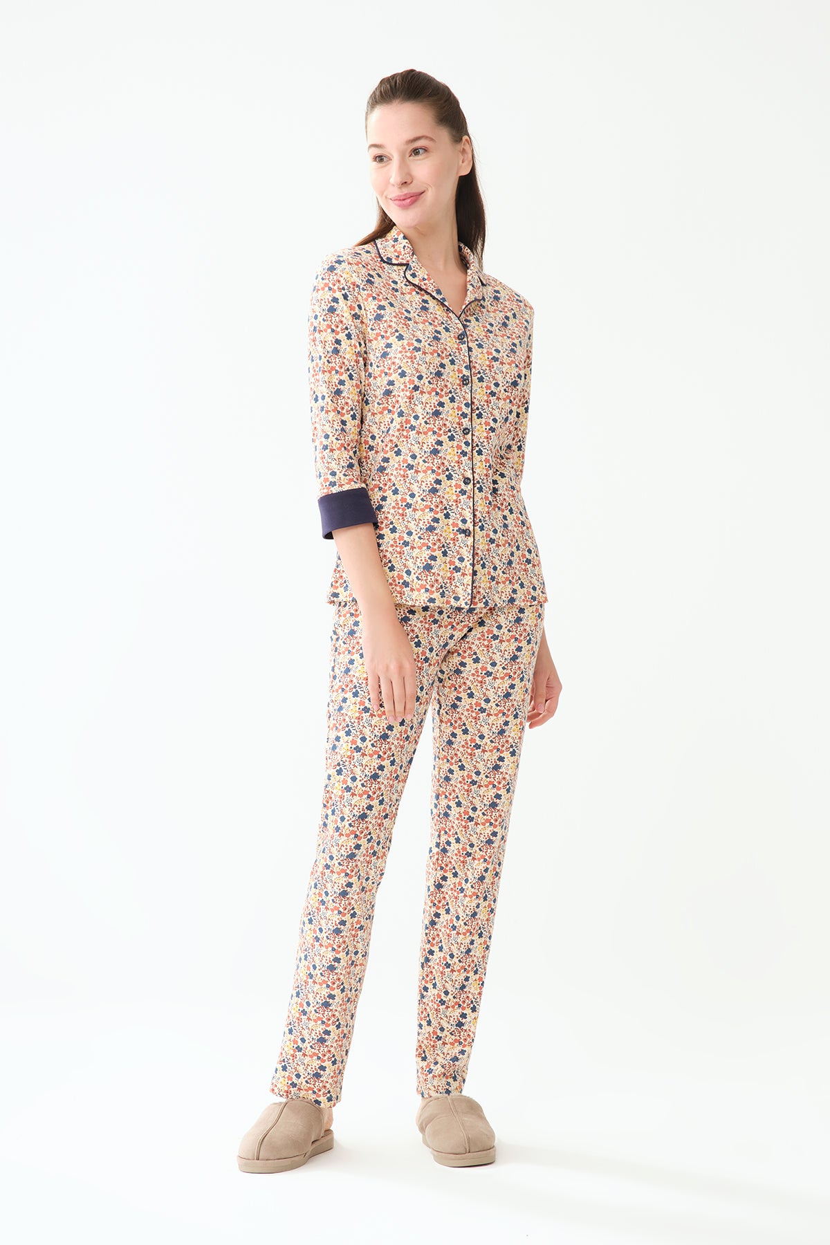 Lacivert Gömlek Yaka Pamuklu Pijama Üstü