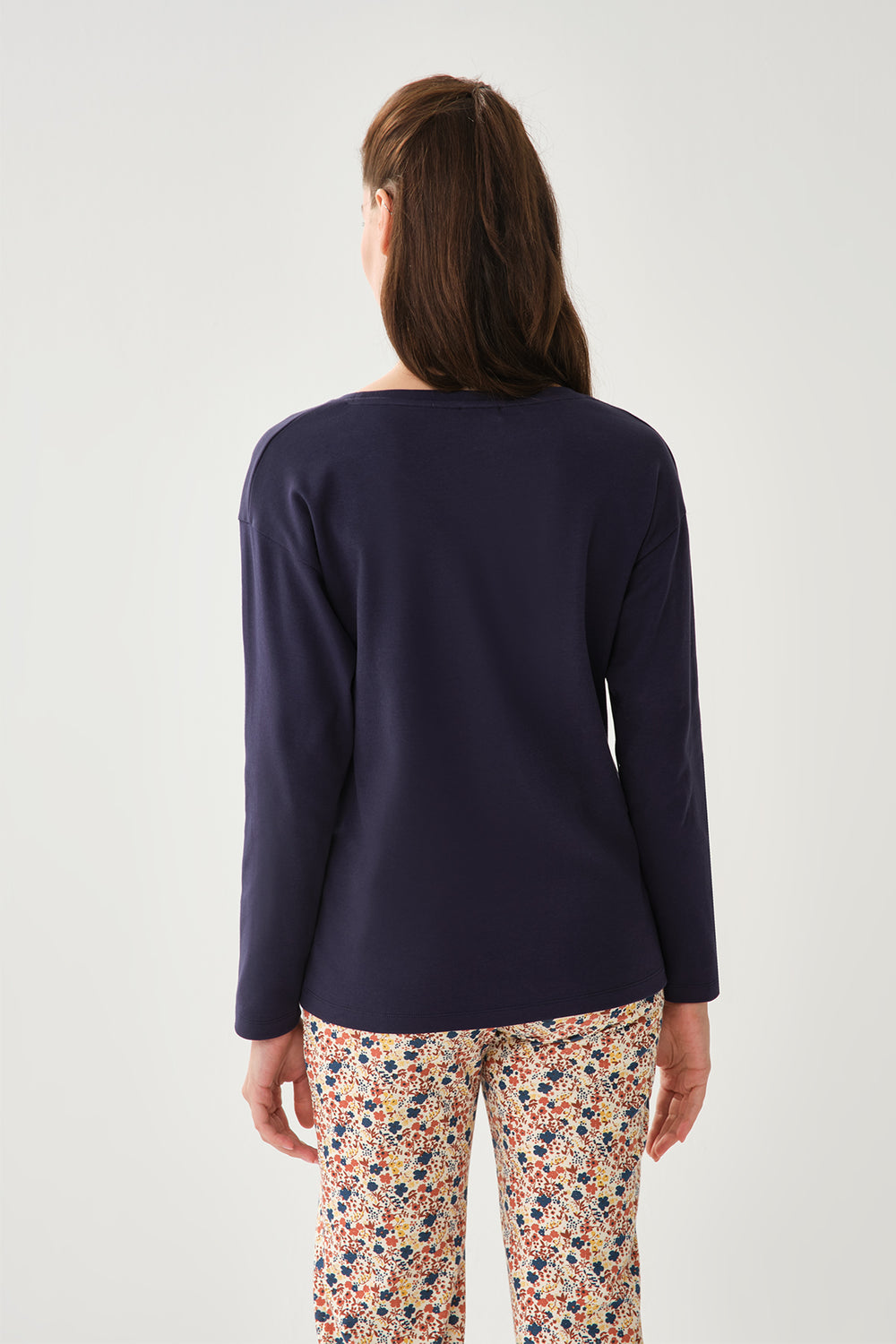 Lacivert Bisiklet Yaka Pamuklu Pijama Üstü