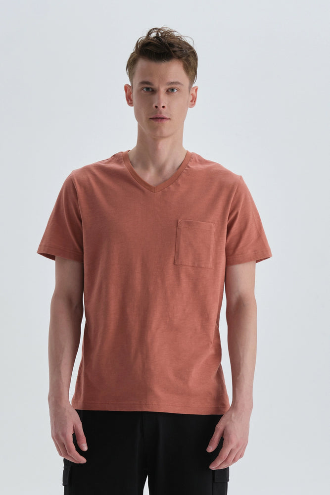 Kiremit Pamuklu V Yaka T-Shırt