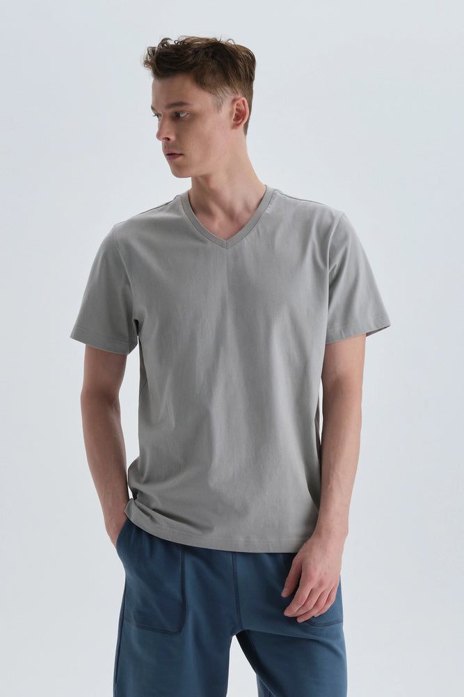Gri Pamuk V Yaka T-Shirt