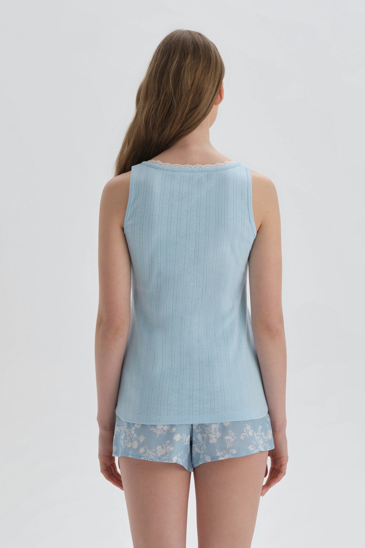 Mavi Düğmeli Yaka Pamuklu Atlet Pijama Üstü