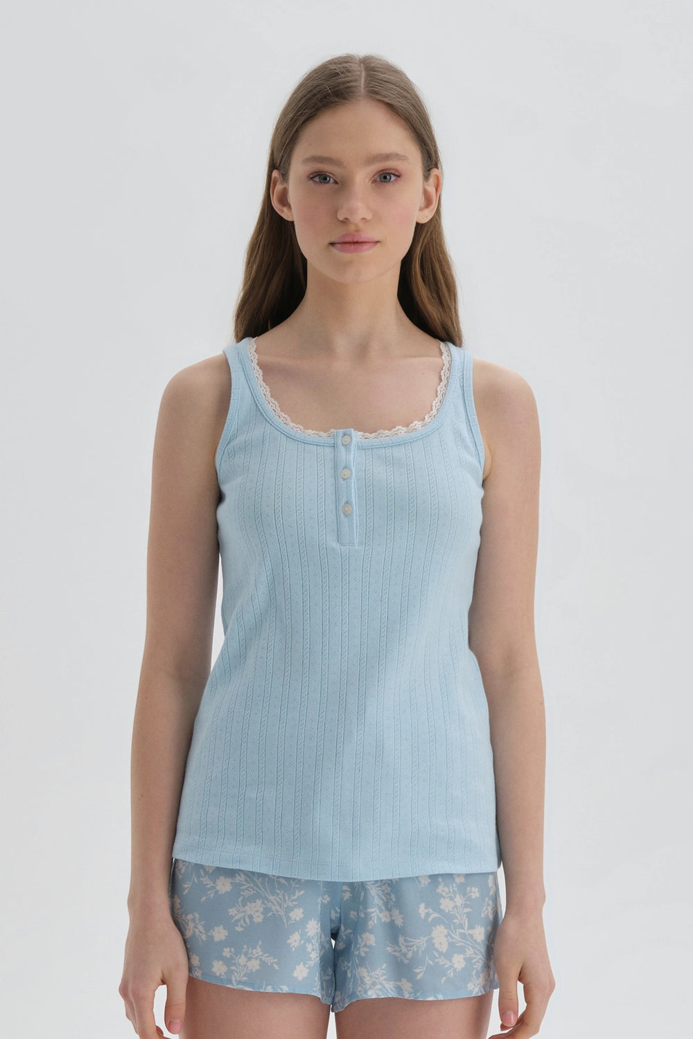 Mavi Düğmeli Yaka Pamuklu Atlet Pijama Üstü