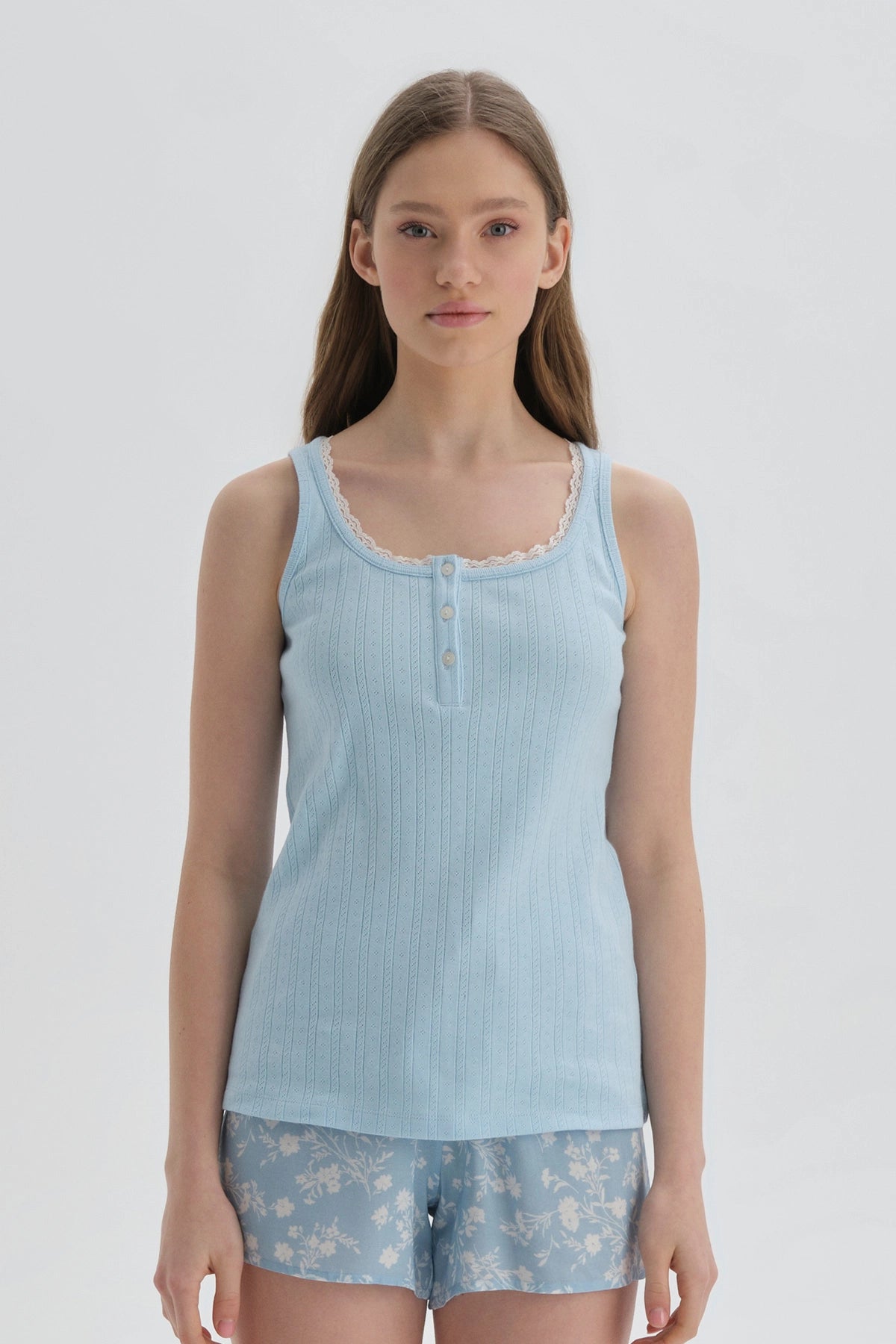 Mavi Düğmeli Yaka Pamuklu Atlet Pijama Üstü