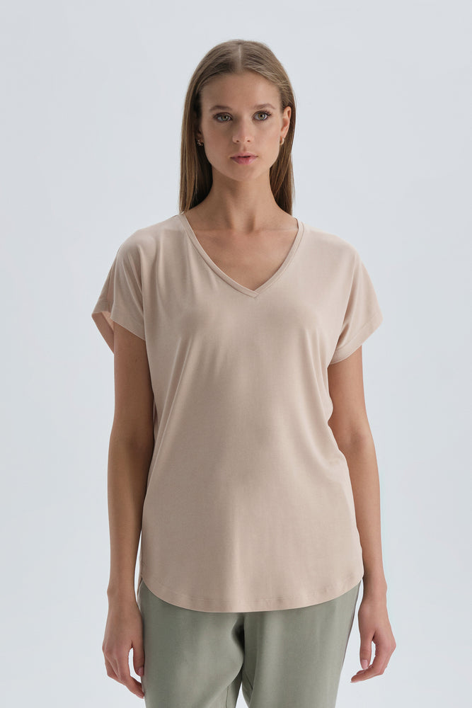 Vizon Baskısız V Yaka T-Shirt