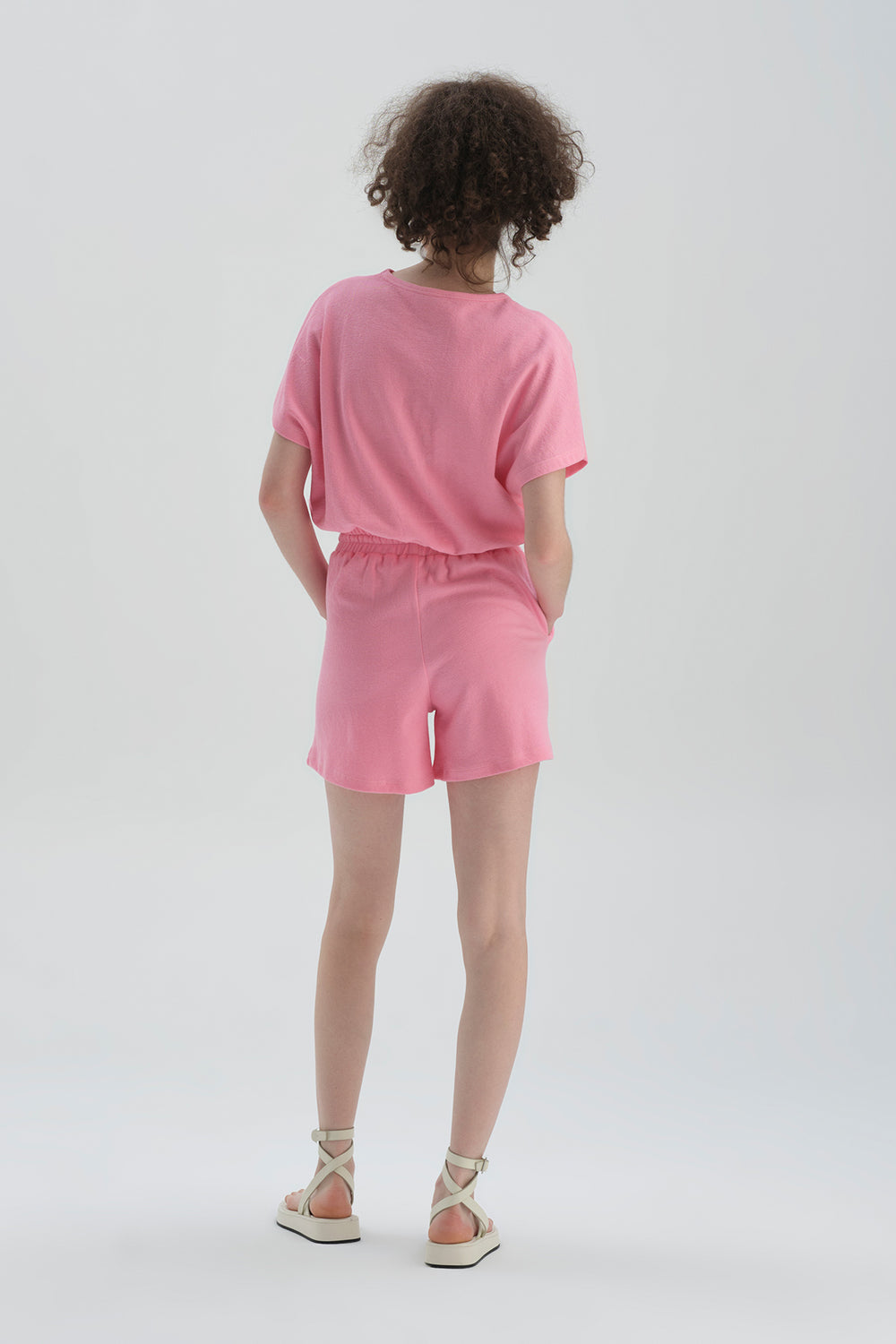 Pembe Bisiklet Yaka Pamuklu Crop T-Shirt