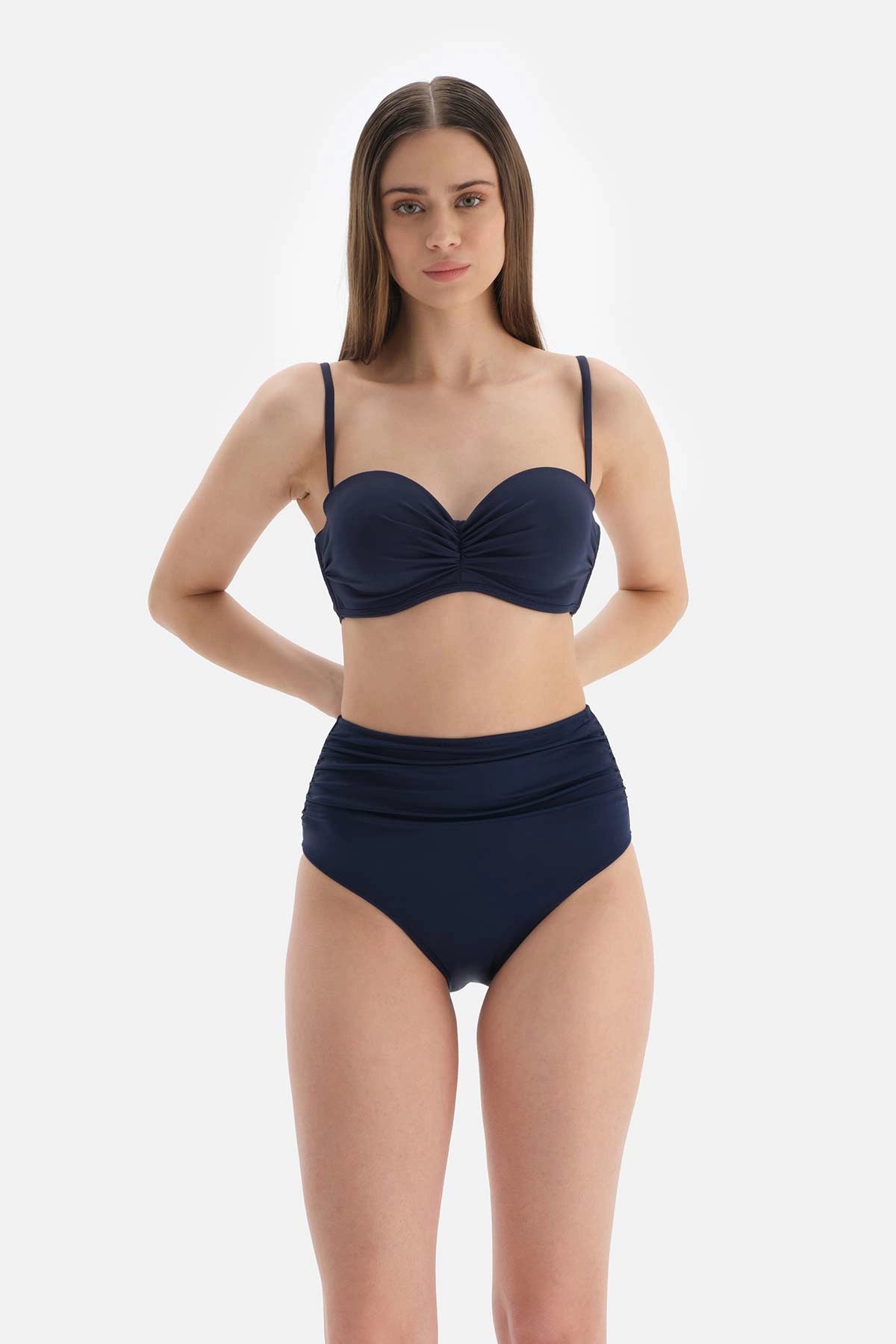 Lacivert Toparlayıcı Yüksek Bel Bikini Alt