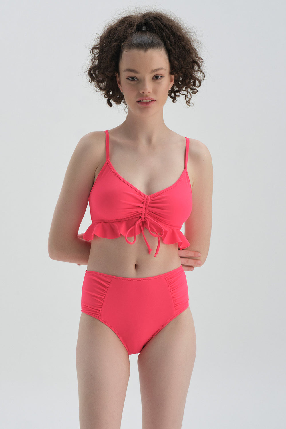 Neon Fuşya Maksimum Toparlama Yanı Drapeli Yüksel Bel Bikini Alt