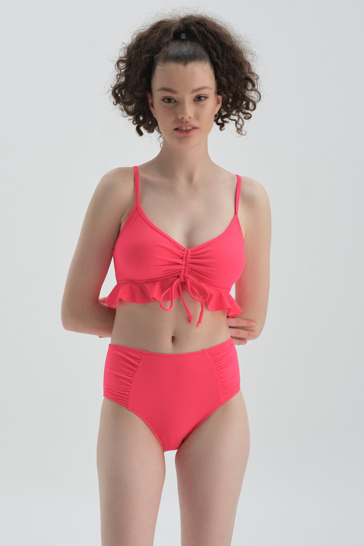 Neon Fuşya Maksimum Toparlama Yanı Drapeli Yüksel Bel Bikini Alt