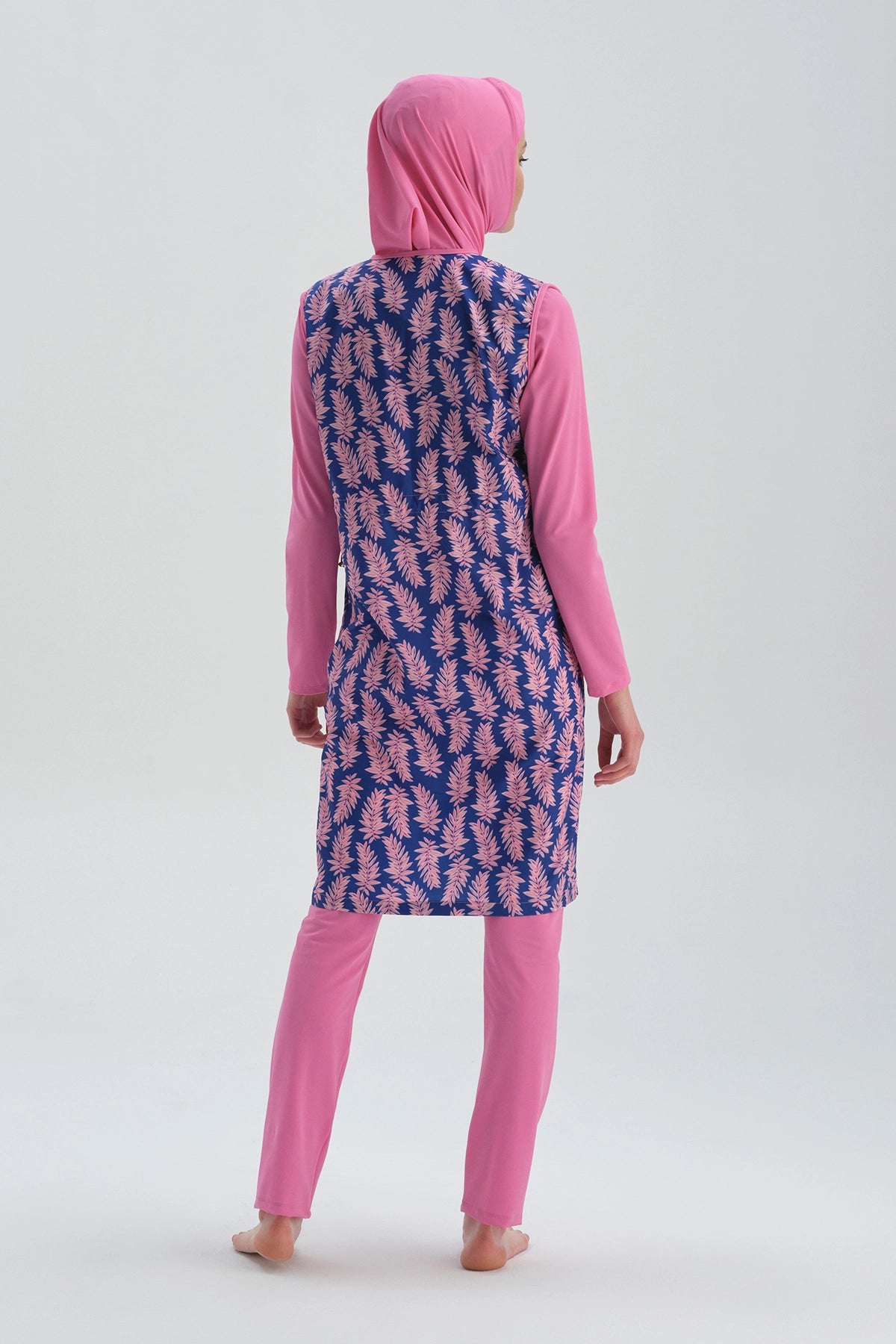 Pembe Uzun Kol Desenli Tesettür Mayo