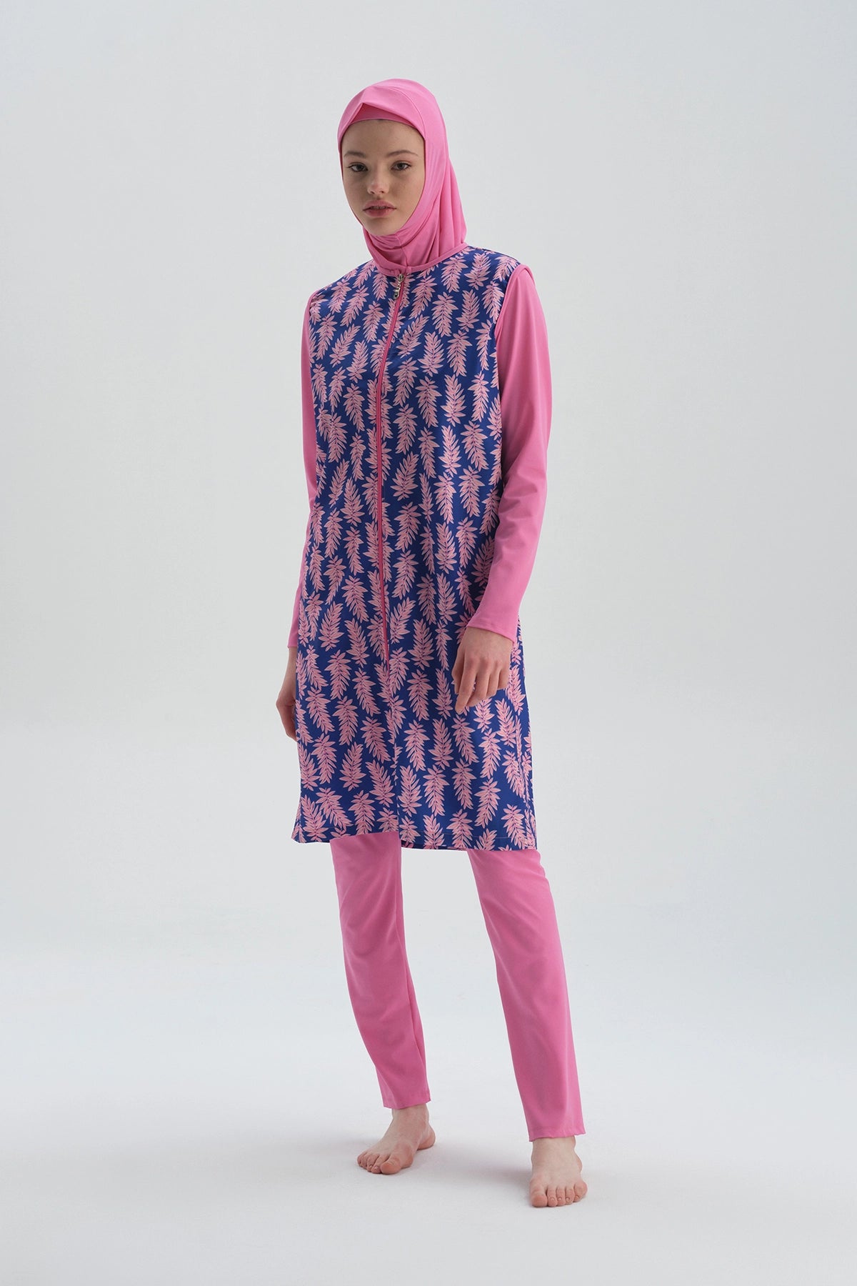 Pembe Uzun Kol Desenli Tesettür Mayo