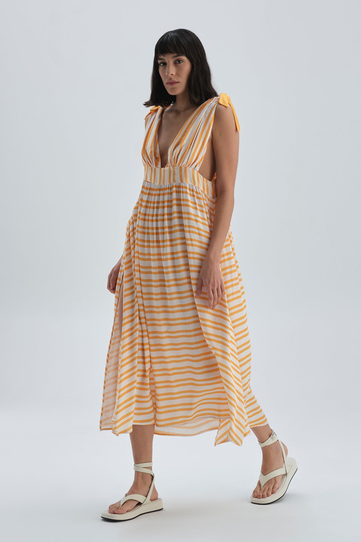 Sarı Çizgi Desenli Viskon Elbise Pareo