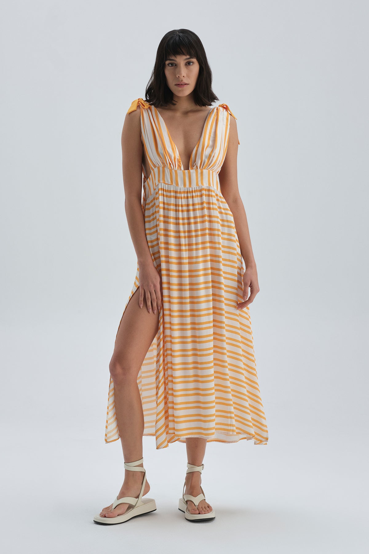 Sarı Çizgi Desenli Viskon Elbise Pareo