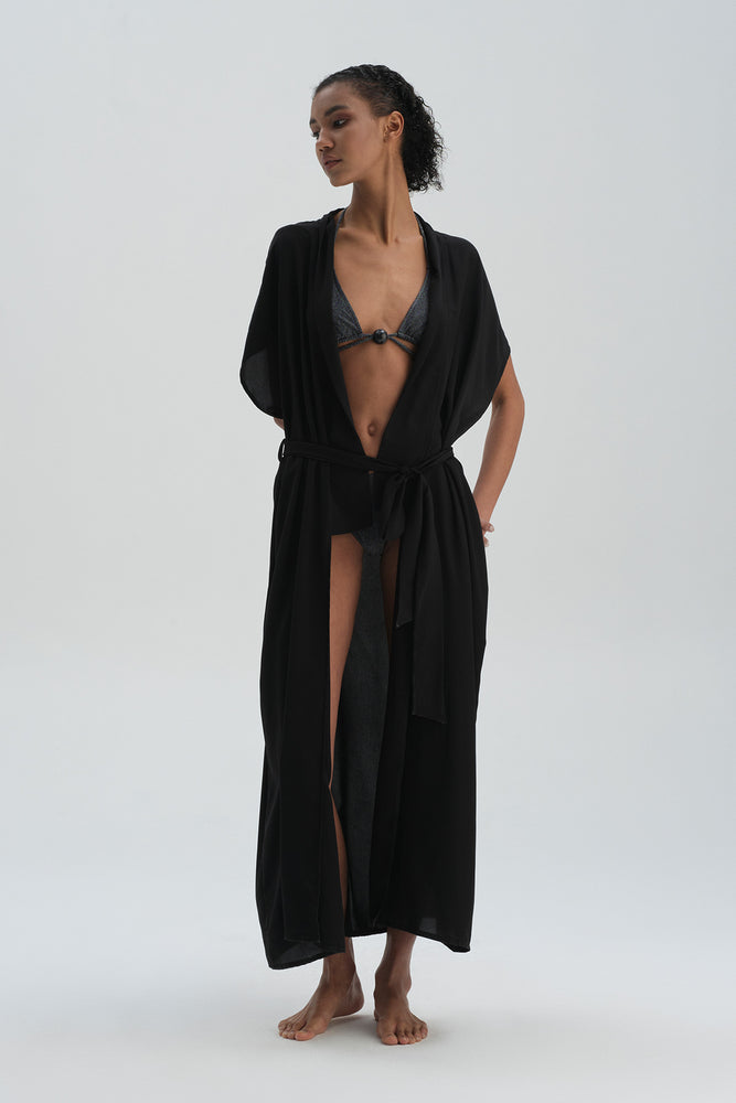 Siyah Önü Bağlamalı Uzun Kimono
