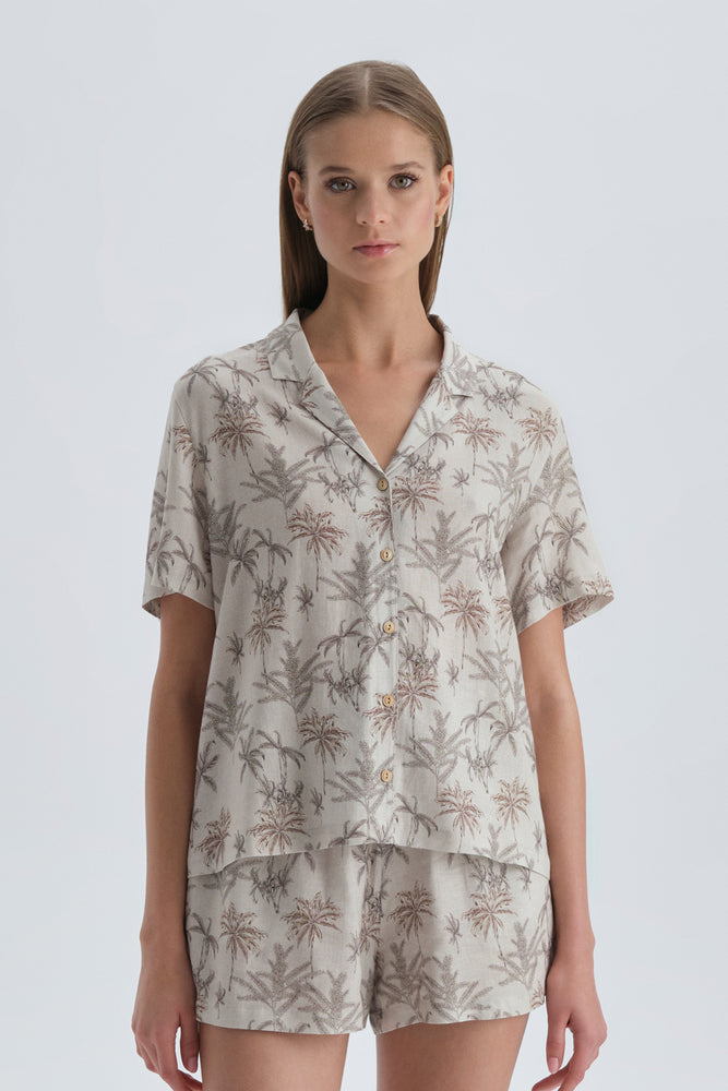 Bej Çiçekli Keten Gömlek