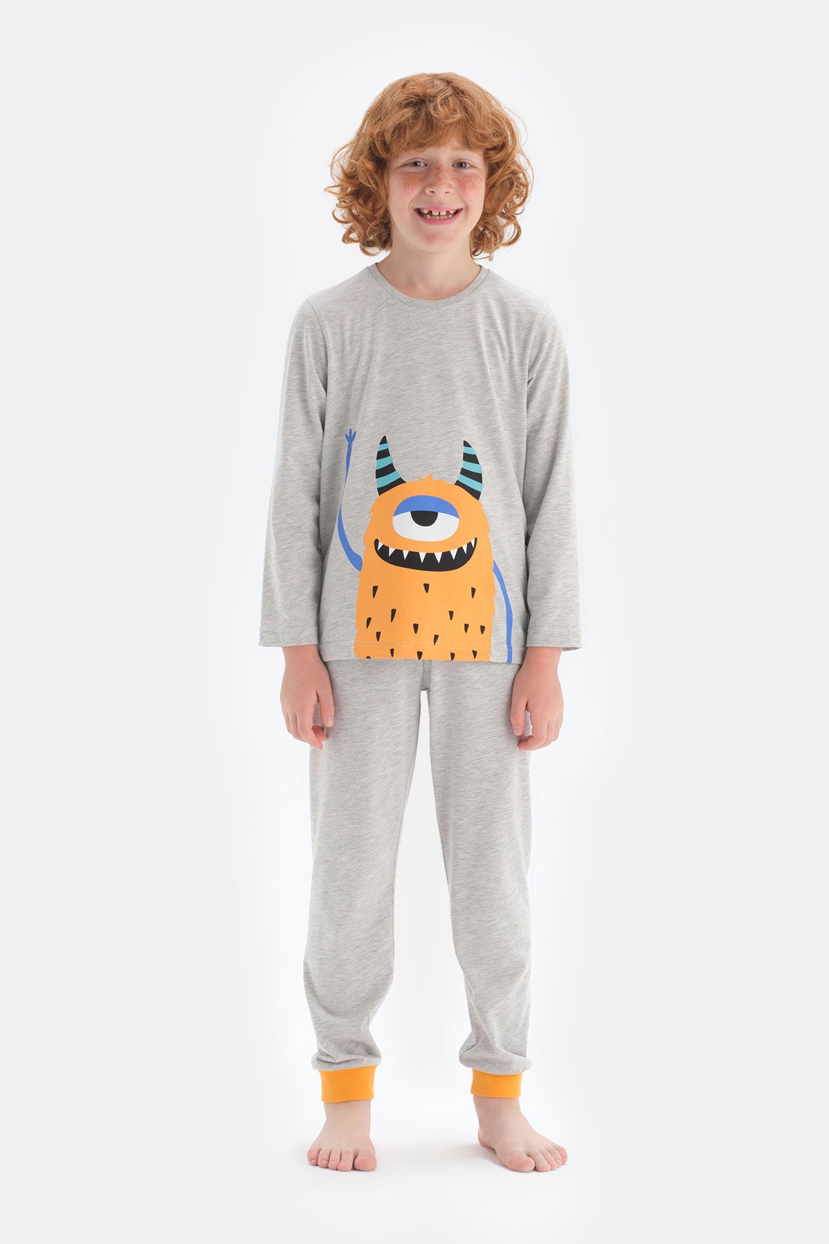 Gri Erkek Çocuk Bisiklet Yaka Uzun Kol Pijama Takımı