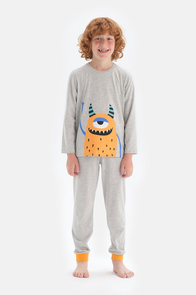 Gri Erkek Çocuk Bisiklet Yaka Uzun Kol Pijama Takımı