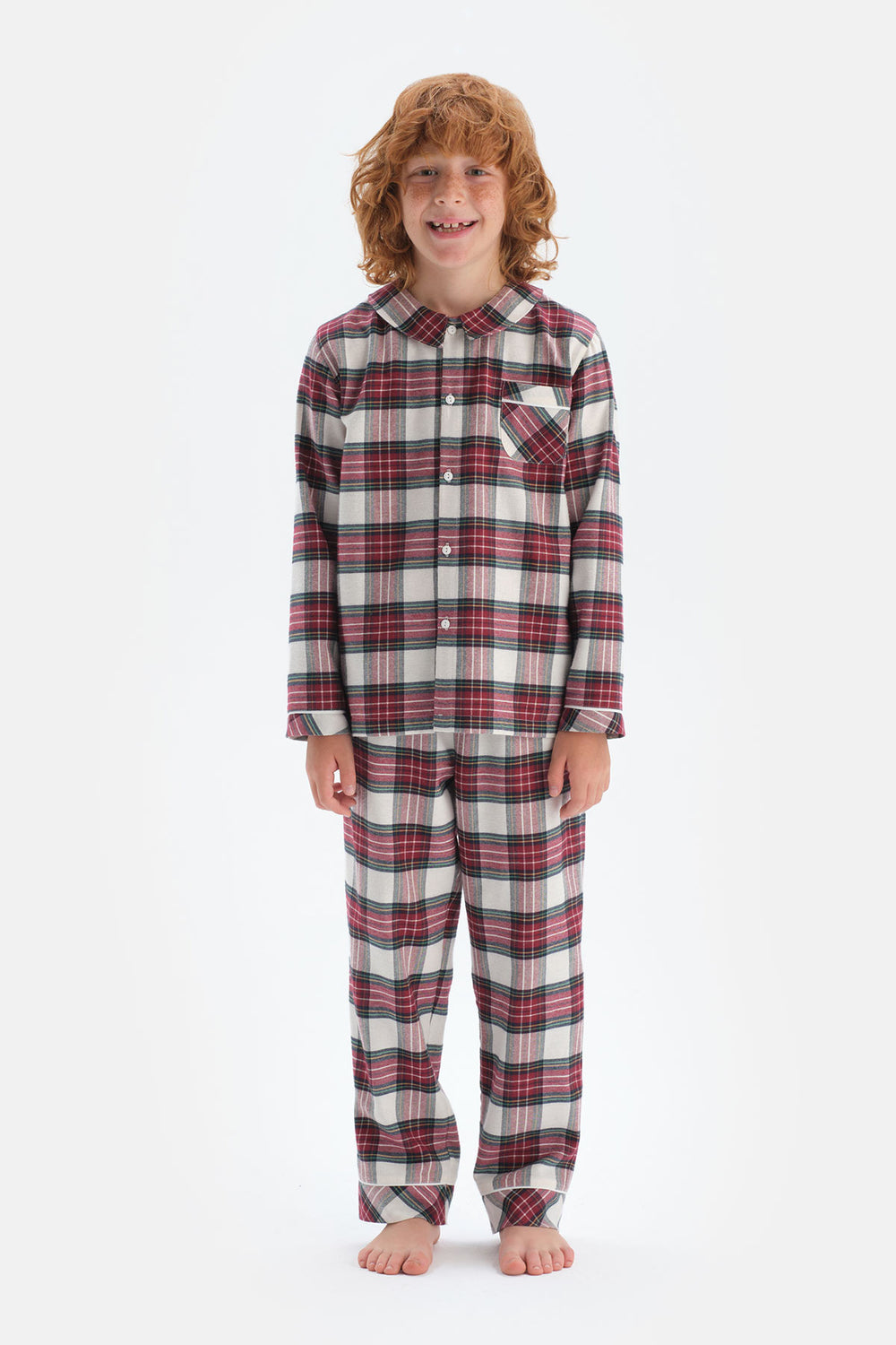 Kırmızı Erkek Çocuk Ekoseli Gömlek Yaka Pamuklu Pijama Takımı
