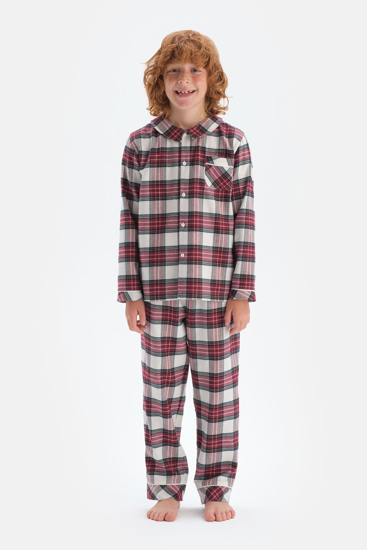 Kırmızı Erkek Çocuk Ekoseli Gömlek Yaka Pamuklu Pijama Takımı