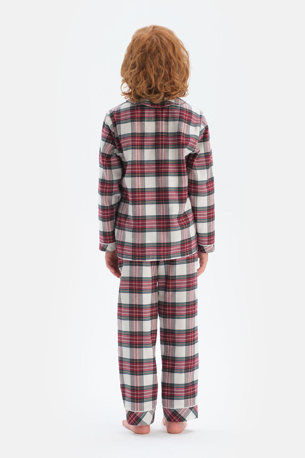 Kırmızı Erkek Çocuk Ekoseli Gömlek Yaka Pamuklu Pijama Takımı
