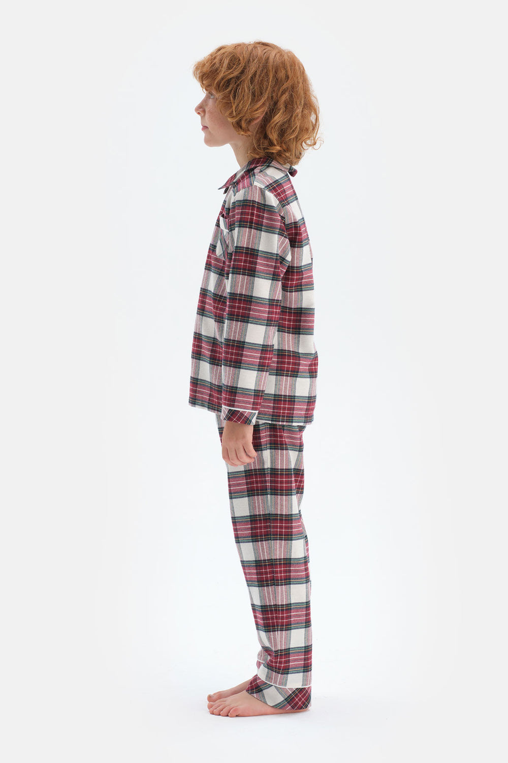 Kırmızı Erkek Çocuk Ekoseli Gömlek Yaka Pamuklu Pijama Takımı