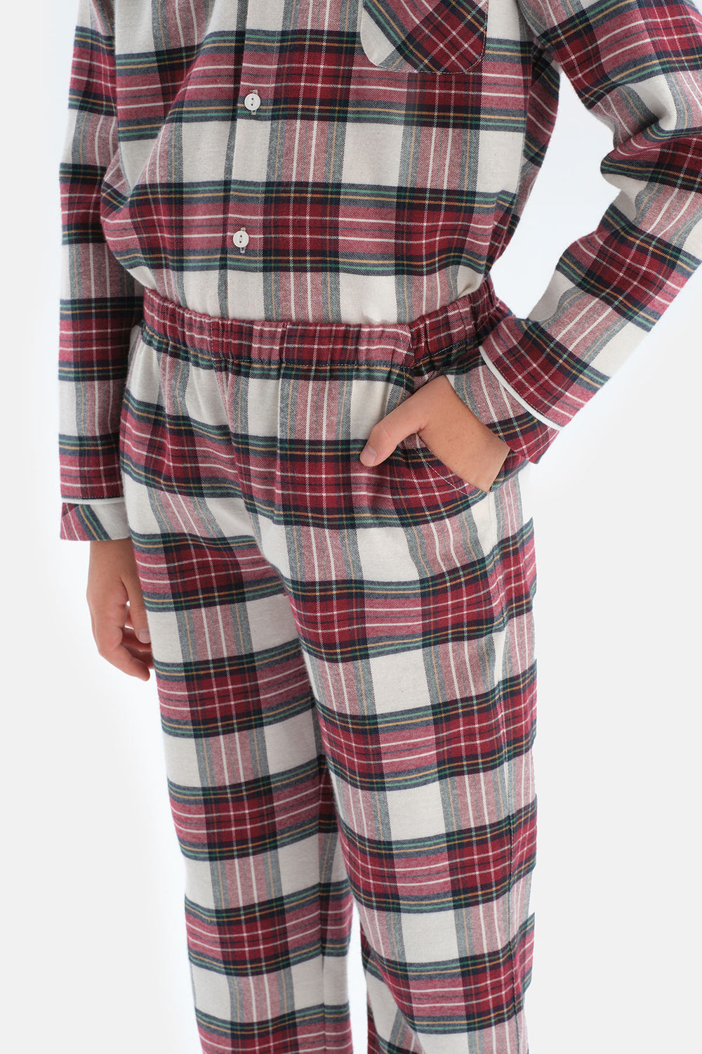 Kırmızı Erkek Çocuk Ekoseli Gömlek Yaka Pamuklu Pijama Takımı