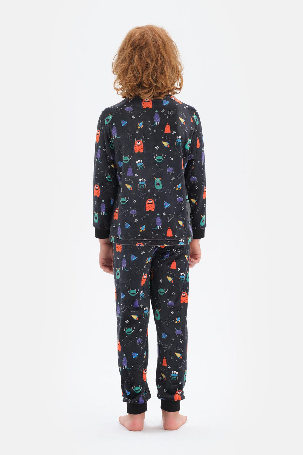 Siyah Erkek Çocuk Uzun Kol Bisiklet Yaka Kadife Pijama Takımı
